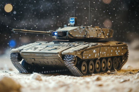 A miniature tank is displayed amid a snowy backdrop, highlighting its intricate details and design features.の写真素材
