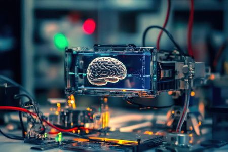 A holographic display of a brain is highlighted in a high-tech laboratory with numerous electrical connections.の写真素材