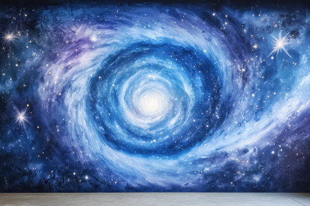 A colorful mural showcases a swirling galaxy filled with stars and cosmic dust in a tranquil setting.の写真素材