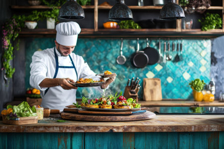 A chef skillfully arranges a platter of delicious food in a rustic kitchen filled with fresh ingredients.の写真素材