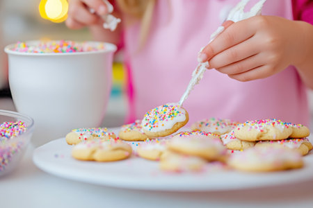 A child joyfully adds sprinkles to freshly iced cookies on a white plate, showing creativity in baking.の写真素材