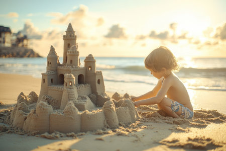 A young child focuses on crafting a detailed sandcastle as waves gently wash ashore at sunset.の写真素材