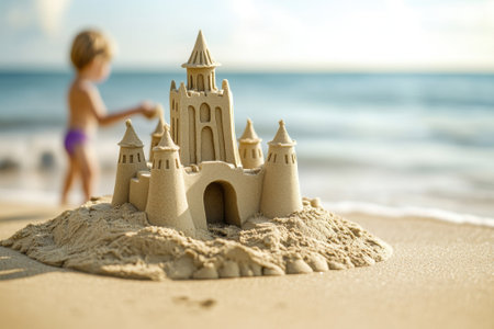 A child plays at the beach, crafting a detailed sandcastle while waves wash ashore during sunny weather.の写真素材