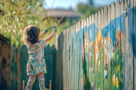 A young child stands on a stool, painting colorful flowers on a wooden fence as sunlight brightens the backyard.の写真素材