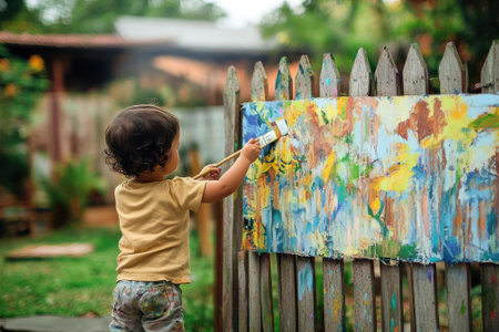 A young child uses a brush to apply vibrant colors on a wooden fence in a lush garden setting.の写真素材