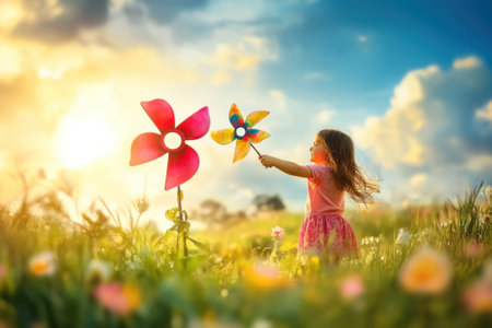 A young girl joyfully spins vibrant wind turbines in a blossoming field at sunset.の写真素材