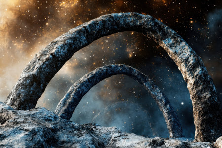 Vast stone arches rise from a rocky surface, illuminated by a vibrant cosmic landscape of stars.の写真素材