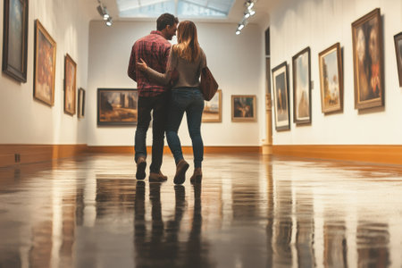 A couple strolls hand in hand through a spacious art gallery, admiring the displayed artwork.の写真素材