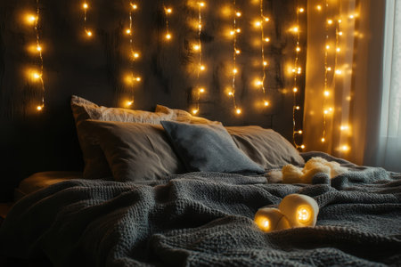 Soft bedding and warm string lights create a cozy ambiance in a comfortable bedroom setting.の写真素材
