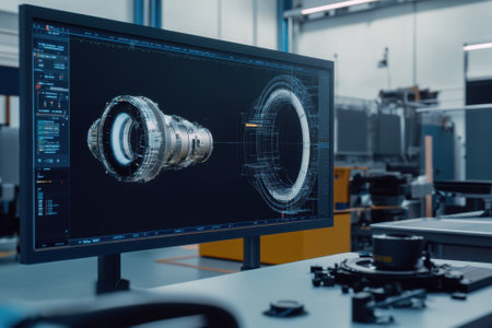 A detailed digital model of a turbine showcased on a large monitor in an engineering workspace.の写真素材