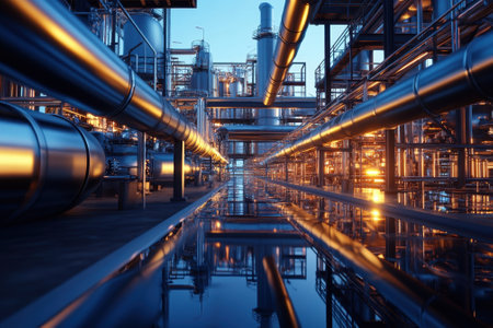 A modern industrial facility showcases metallic pipes and machinery illuminated by evening light.の写真素材