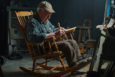 An elderly man methodically carves a wooden piece while sitting in a rocking chair, surrounded by tools.の写真素材