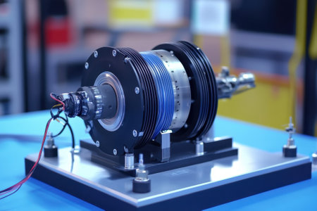 A prototype electric motor is showcased on a blue workbench in an advanced engineering laboratory.の写真素材