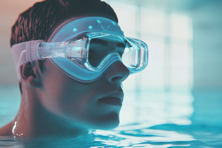 A person is submerged in water, using a transparent diving mask while exploring the pool environment.の写真素材
