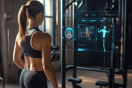 Young woman uses interactive technology to enhance her workout in a sleek gym setting, focusing on fitness.の写真素材