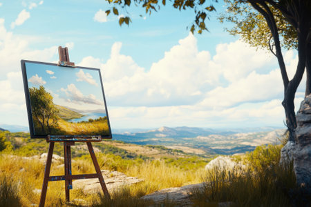 An artist's easel holds a vibrant landscape painting, surrounded by rolling hills and a bright blue sky.の写真素材