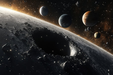 A cratered moon with a dark hole contrasts against distant planets and galaxies in the vast universe.の写真素材