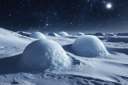 Unique dome-shaped ice formations rise from a vast snow-covered terrain, illuminated by distant stars.の写真素材
