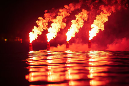 Red flares emit bright light over tranquil water, creating a stunning visual effect at night near the shore.の写真素材