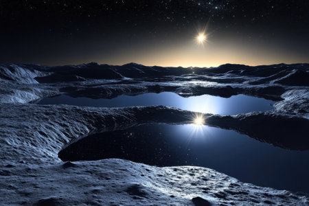 A tranquil lunar landscape showcases dark terrain and glowing reflective pools under a starry sky at dusk.の写真素材