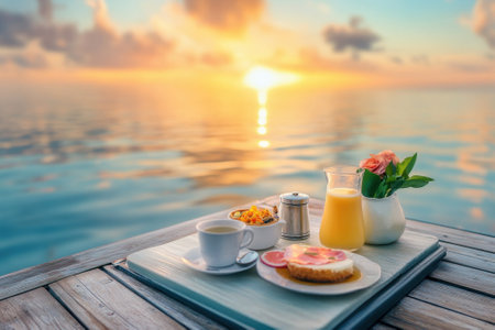 A beautiful breakfast setup on a wooden table by the ocean at sunrise, featuring flowers and juice.の写真素材