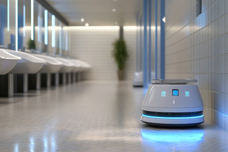 A cleaning robot moves along a tiled floor in a contemporary restroom, ensuring cleanliness and hygiene.の写真素材