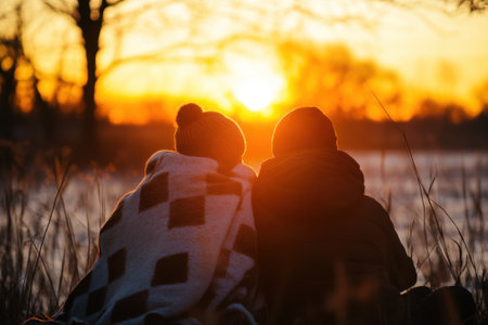 Two individuals sit side by side on the grass, wrapped in a blanket, watching the sunset over the water.の写真素材