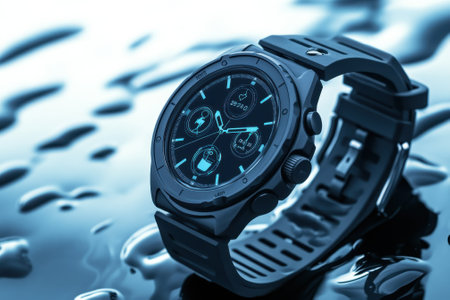 A stylish black digital watch lies on a reflective water surface, showing its vibrant blue glow and sleek design.の写真素材