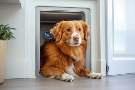A golden dog rests near a pet door, enjoying a cozy atmosphere in a stylish living space.の写真素材