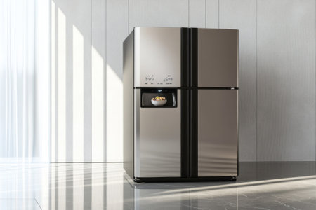 A sleek stainless steel refrigerator stands prominently in a contemporary kitchen, illuminated by sunlight.の写真素材