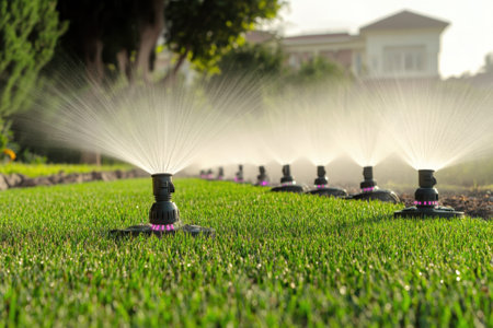 Sprinklers distribute water across vibrant grass in a well-maintained garden on a sunny afternoon.の写真素材