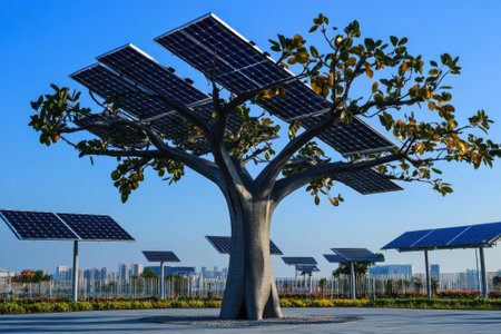 A solar tree equipped with solar panels stands prominently, symbolizing renewable energy in a city.の写真素材