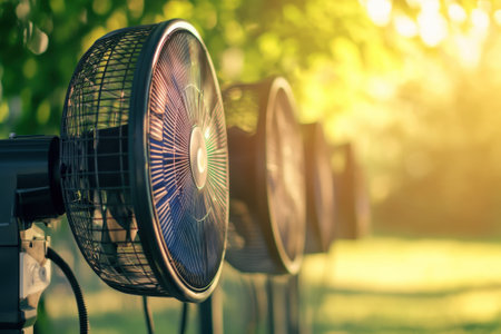 Multiple outdoor fans cool off the area in a lush garden while sunlight filters through trees.の写真素材