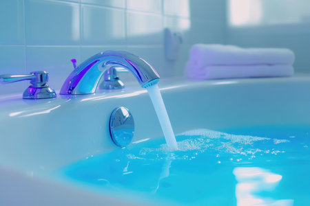 A modern faucet pours clear blue water into a luxurious bathtub surrounded by soft towels, creating a tranquil ambiance.の写真素材