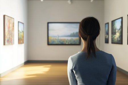 A woman stands quietly in an art gallery, admiring various paintings on display in natural light.の写真素材
