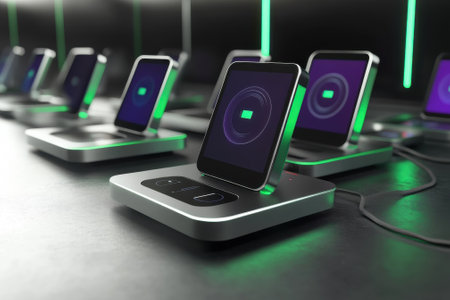 Multiple sleek charging stations display devices with glowing indicators in a high-tech setting.の写真素材