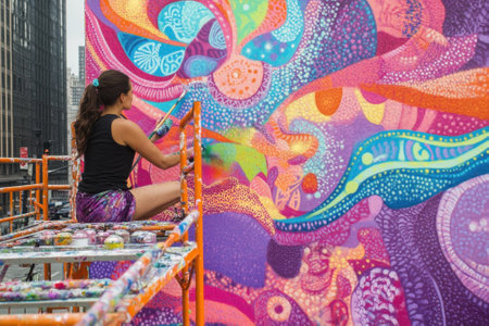 Artist works on colorful mural, adding intricate details to large wall in a bustling city setting.の写真素材