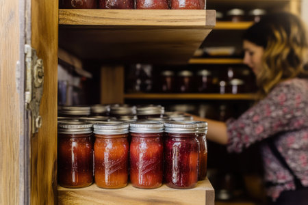 Shelves filled with colorful homemade preserves while a woman carefully arranges jars in a cozy kitchen.の写真素材