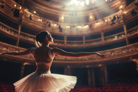 A ballet dancer twirls with poise on stage, illuminated by bright lights in a grand theater setting.の写真素材