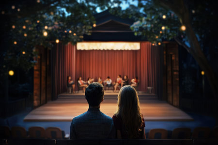 A couple sits together watching a live performance at an outdoor theater surrounded by twinkling lights.の写真素材