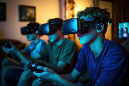 Three friends experience an immersive virtual reality gaming session in a dimly lit living room setting.の写真素材