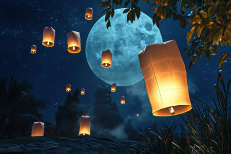 Bright lanterns ascend into the night sky, illuminated by a full moon while surrounded by trees.の写真素材