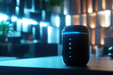 A smart speaker stands proudly on a desk, illuminated by vibrant lights in a contemporary setting during nighttime.の写真素材