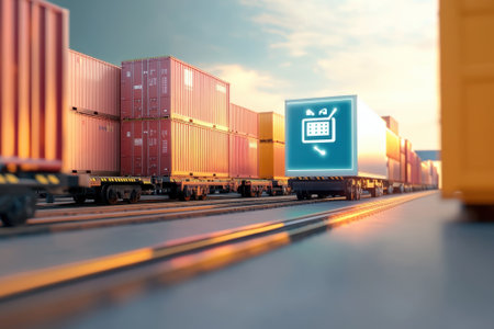 Cargo containers are stacked on railway cars under a vibrant sunset, showing a digital interface feature.の写真素材
