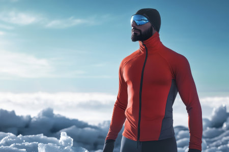 A person in bright orange gear enjoys breathtaking views from a snowy mountain peak on a sunny day.の写真素材