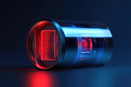 A cylindrical object with glowing blue and red lights rests on a dark surface, creating a vibrant visual effect.の写真素材