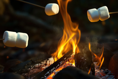 Friends enjoy roasting marshmallows on sticks over a warm, inviting campfire in the evening.の写真素材