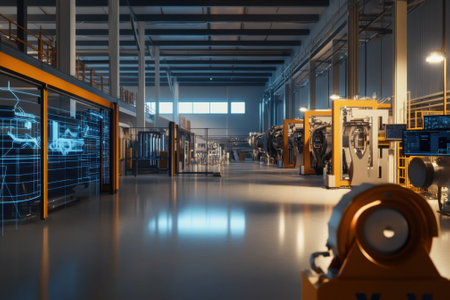 A vast industrial space filled with advanced machinery, illuminated by natural light and digital displays.の写真素材