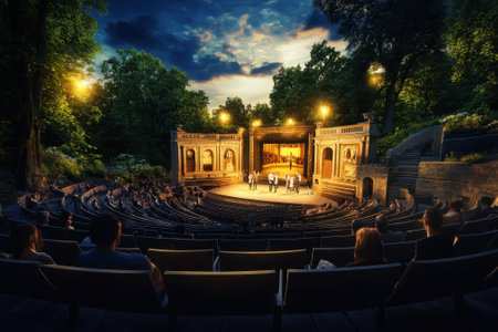 Actors perform on stage in a beautiful outdoor theater surrounded by lush greenery at dusk.の写真素材