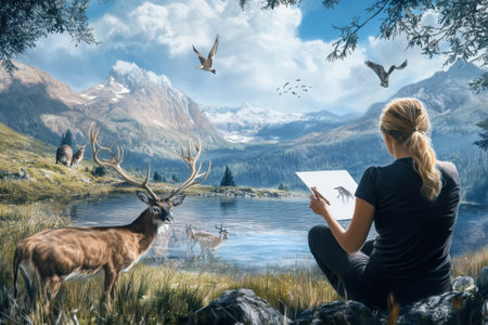 A woman sits by a tranquil lake, sketching animals in a stunning mountain landscape with vibrant nature.の写真素材
